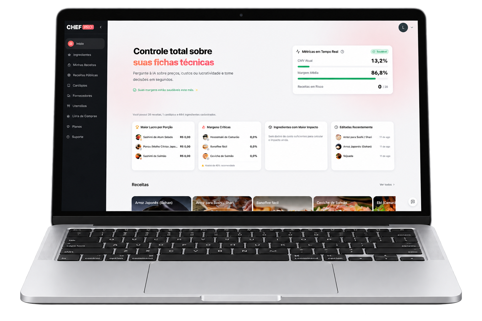 Notebook exibindo o dashboard do ChefPro com indicadores de CMV e margem