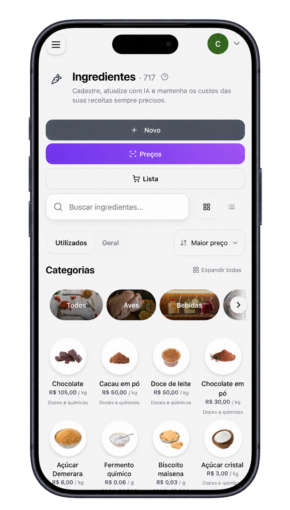 Gestão de ingredientes e atualização de preços no ChefPro