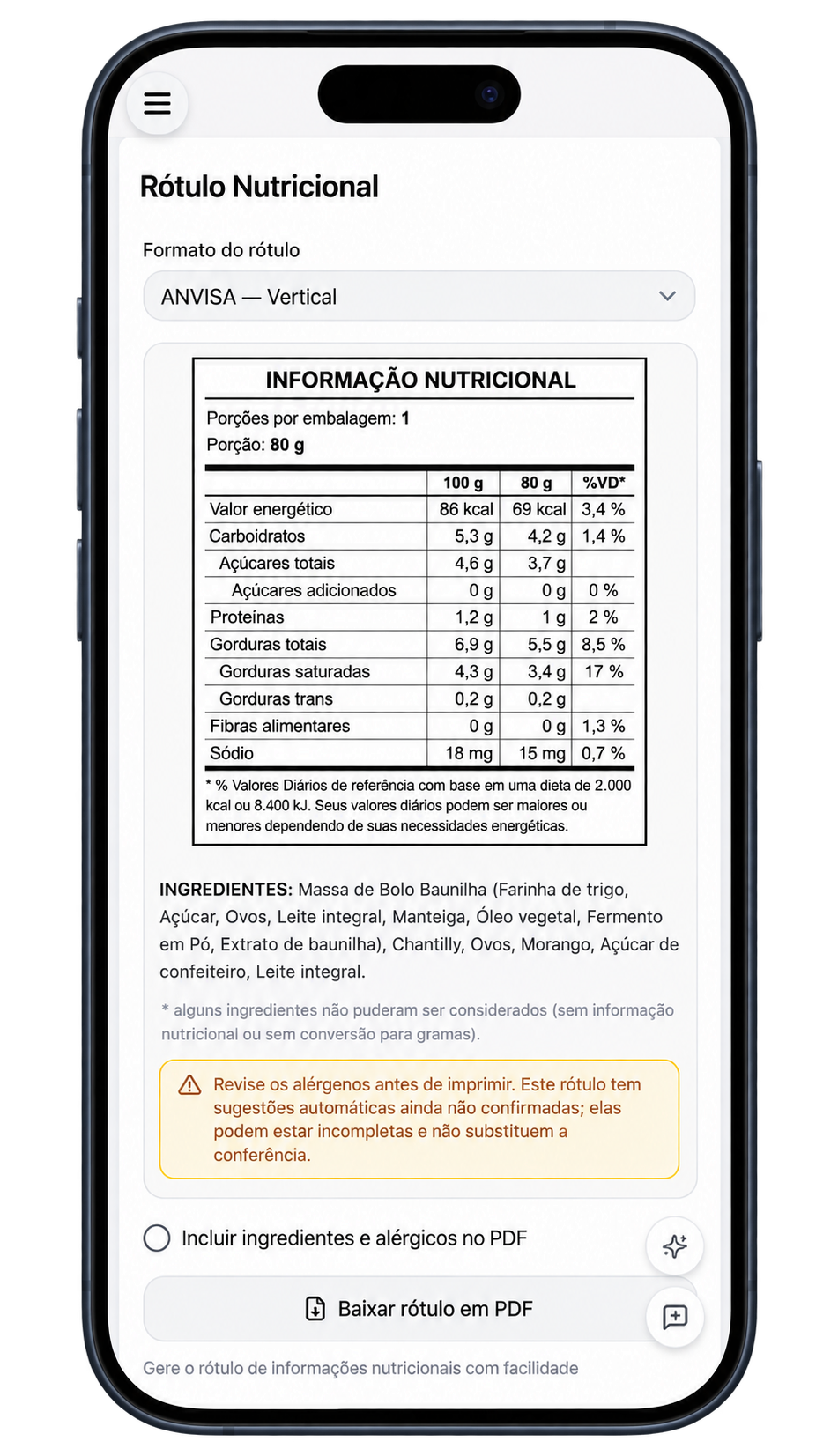 Tela de geração e exportação de rótulo nutricional no ChefPro